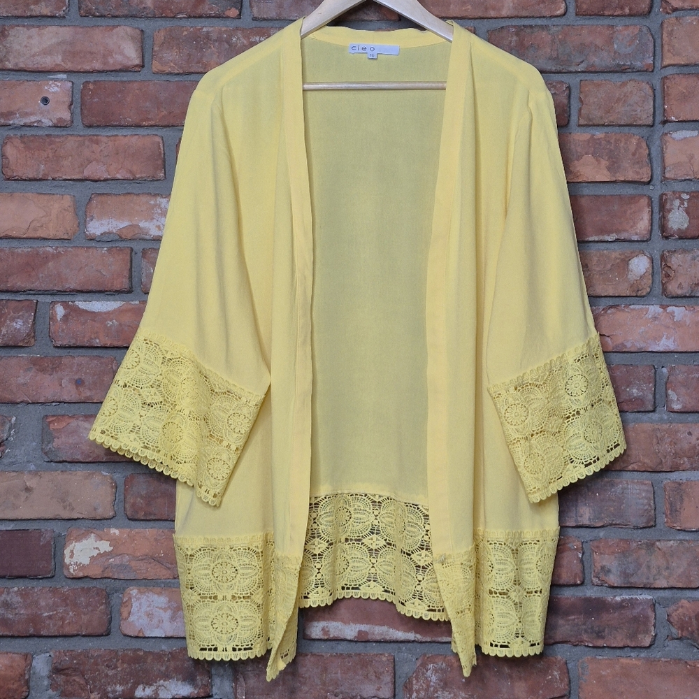 Cleo Yellow Lace Trim Kimono Cardigan XXL Boho Lightweight Duster Spring Resort
